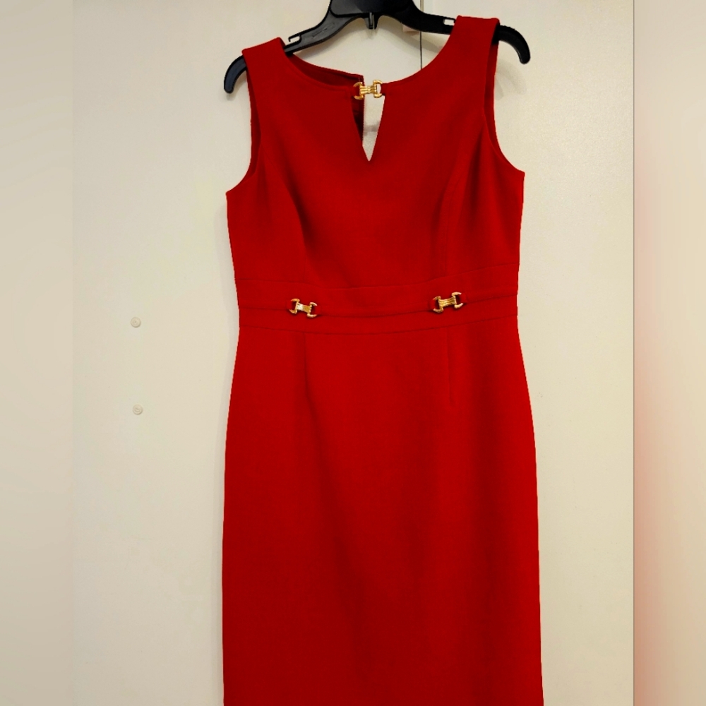 Tahari Red Sleeveless Sheath Dress with Gold Hardware